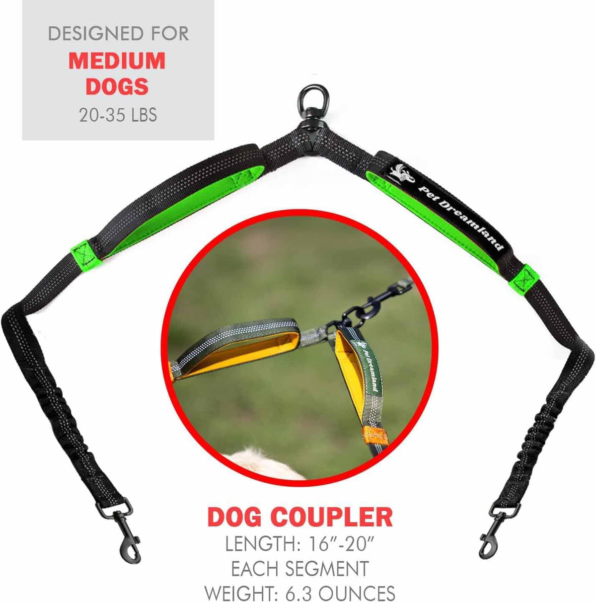 Exquisite Double Dog Coupler No Tangle Swivel for Two Medium Dogs. Premium Quality Attachment for Easy Dog Walking. You Will Absolutely Love This Amazing Gear (Black & Green)