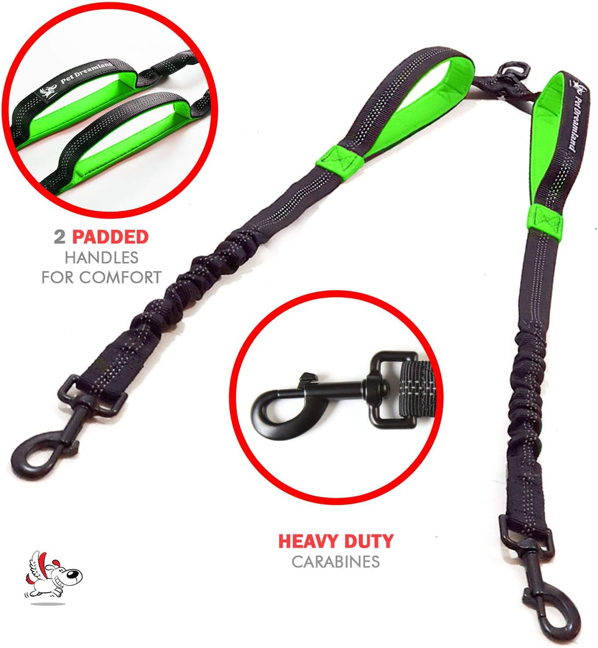 Exquisite Double Dog Coupler No Tangle Swivel for Two Medium Dogs. Premium Quality Attachment for Easy Dog Walking. You Will Absolutely Love This Amazing Gear (Black & Green)